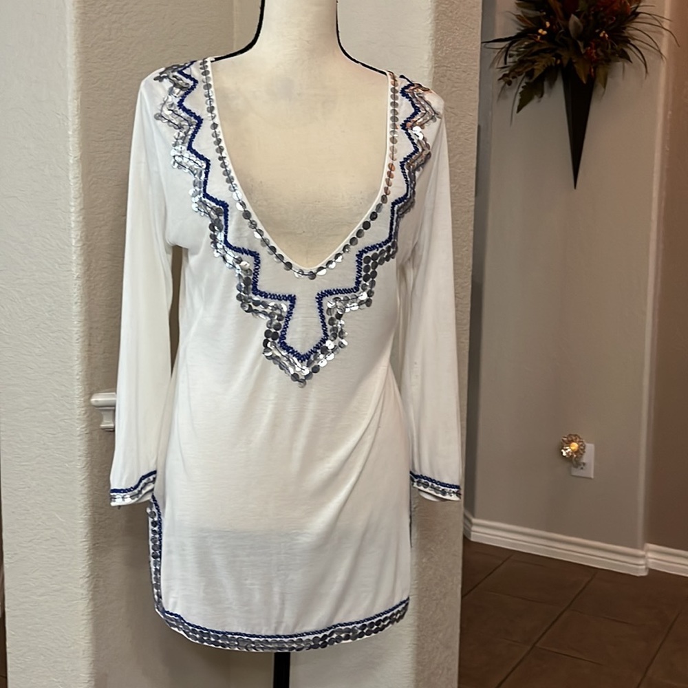 Milly Cabana White with blue zig zag mirrored Paillettes trim cover up Size S